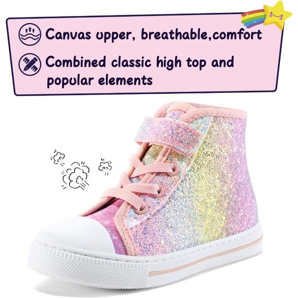 Toddler Glitter Sneakers Girls Canvas High Top Walking Shoes With Hook and Loops - Picture 4 of 9